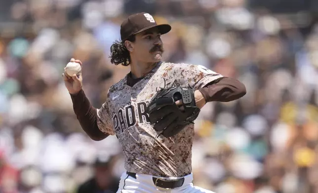 San Diego Padres starting pitcher Dylan Cease works against a St. Louis Cardinals batter during the second inning of a baseball game Sunday, Aug. 3, 2025, in San Diego. (AP Photo/Gregory Bull)