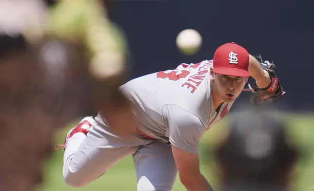 St. Louis Cardinals starting pitcher Andre Pallante works against a San Diego Padres batter during the first inning of a baseball game Sunday, Aug. 3, 2025, in San Diego. (AP Photo/Gregory Bull)