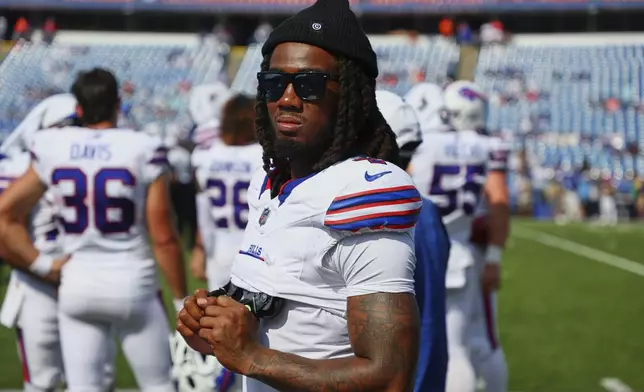 Buffalo Bills' James Cook stands on the sidelines during the second half of an NFL preseason football game against the New York Giants Saturday, Aug. 9, 2025, in Orchard Park, N.Y. (AP Photo/Jeffrey T. Barnes)