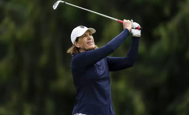 Juli Inkster, of the United States, hits off the second tee during the first round of the LPGA Portland Classic golf tournament at Columbia Edgewater in Portland, Ore., Thursday, Aug. 14, 2025. (AP Photo/Ali Gradischer)