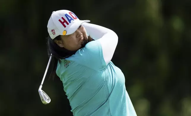 Angel Yin, of the United States, hits off the second tee during the first round of the LPGA Portland Classic golf tournament at Columbia Edgewater in Portland, Ore., Thursday, Aug. 14, 2025. (AP Photo/Ali Gradischer)