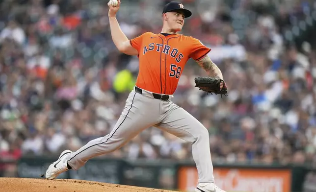 Houston Astros starting pitcher Hunter Brown throws during the first inning of a baseball game against the Detroit Tigers, Tuesday, Aug. 19, 2025, in Detroit. (AP Photo/Ryan Sun)
