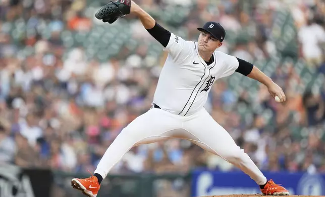 Detroit Tigers starting pitcher Tarik Skubal throws during the first inning of a baseball game against the Houston Astros, Tuesday, Aug. 19, 2025, in Detroit. (AP Photo/Ryan Sun)