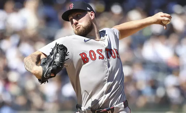 Boston Red Sox pitcher Garrett Crochet throws during the sixth inning of a baseball game against the New York Yankees, Saturday, Aug. 23, 2025, in New York. (AP Photo/Pamela Smith)