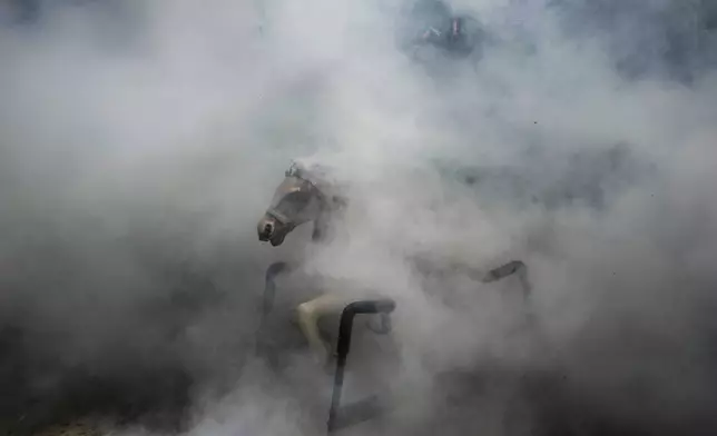 A toy horse is engulfed by smoke as health workers fumigate residential areas to kill mosquitos and combat the spread of dengue in Panama City, July 23, 2025. (AP Photo/Matias Delacroix)
