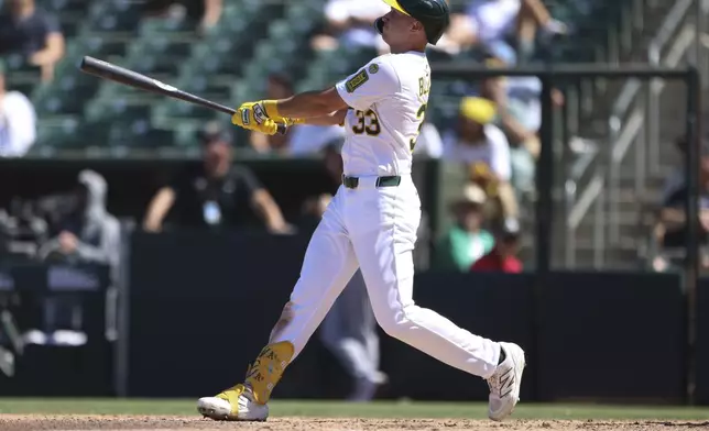 Athletics' JJ Bleday watches his solo home run during the ninth inning of a baseball game against the Arizona Diamondbacks, Sunday, Aug. 3, 2025, in West Sacramento, Calif. (AP Photo/Scott Marshall)