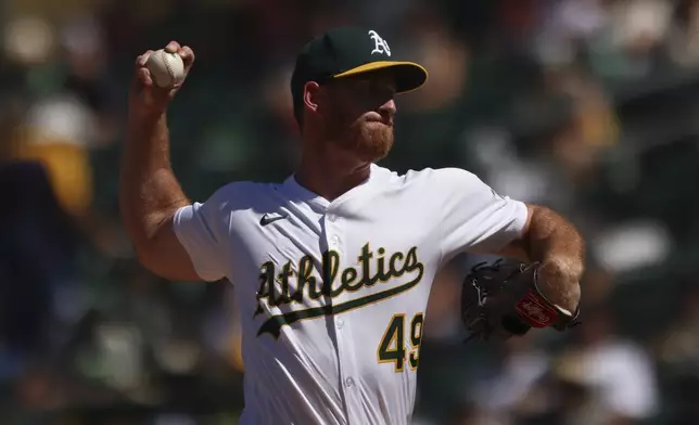 Athletics pitcher Michael Kelly throws to an Arizona Diamondbacks batter during the ninth inning of a baseball game Sunday, Aug. 3, 2025, in West Sacramento, Calif. (AP Photo/Scott Marshall)