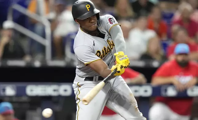 FILE - Pittsburgh Pirates' Ke'Bryan Hayes, recently traded to the Cincinnati Reds, strikes out swinging during the fourth inning of a baseball game against the Miami Marlins, June 24, 2023, in Miami. (AP Photo/Lynne Sladky, File)