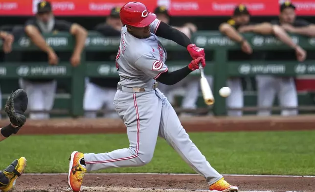 Cincinnati Reds' Ke'Bryan Hayes singles off Pittsburgh Pirates pitcher Paul Skenes during the third inning of a baseball game in Pittsburgh, Thursday, Aug. 7, 2025. (AP Photo/Gene J. Puskar)