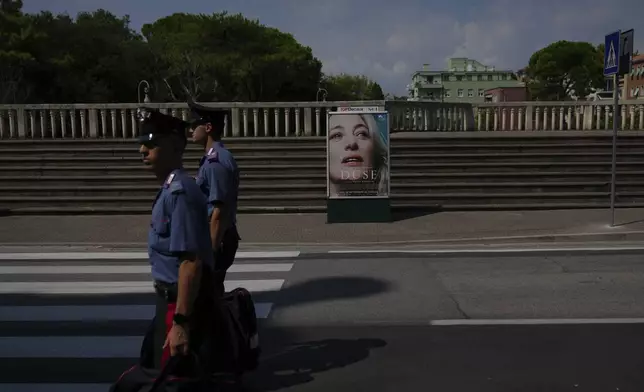 A film poster is seen outside the Excelsior hotel ahead of the Venice Film Festival in Venice, Italy, on Tuesday, Aug. 26, 2025. (Photo by Alessandra Tarantino/Invision/AP)