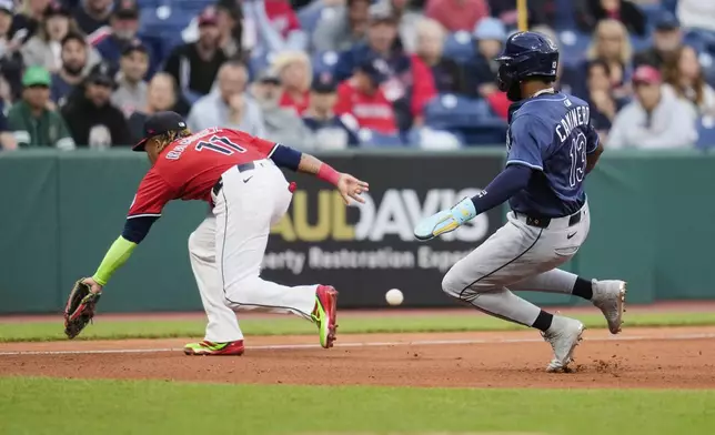 Tampa Bay Rays' Junior Caminero (13) advances to third base behind Cleveland Guardians third baseman Jose Ramirez (11) and then scores on a throwing error by catcher Bo Naylor in the fourth inning of a baseball game in Cleveland, Monday, Aug. 25, 2025. (AP Photo/Sue Ogrocki)
