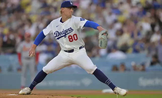 Los Angeles Dodgers starting pitcher Emmet Sheehan delivers to the plate during the first inning of a baseball game against the St. Louis Cardinals, Tuesday, Aug. 5, 2025, in Los Angeles. (AP Photo/Jayne Kamin-Oncea)