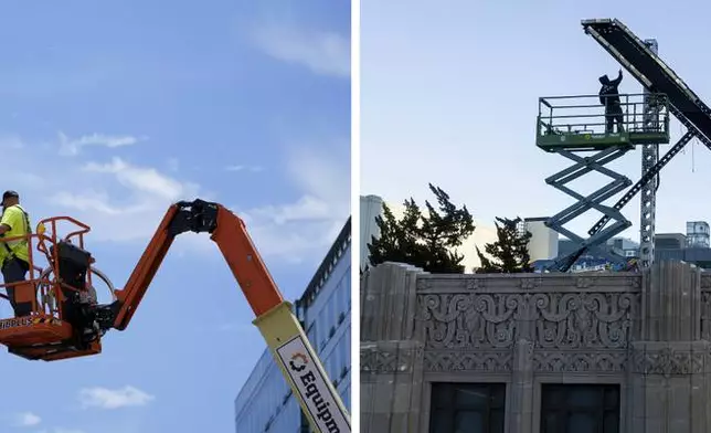 In this combination of 2023 photos, a worker removes parts of a sign on the Twitter headquarters building in San Francisco, on July 24, right; and workers install lighting on an "X" sign atop the downtown San Francisco building that housed what was previously known as Twitter, rebranded "X" by new owner Elon Musk, on July 28. (AP Photos/Godofredo A. Vásquez, Noah Berger)