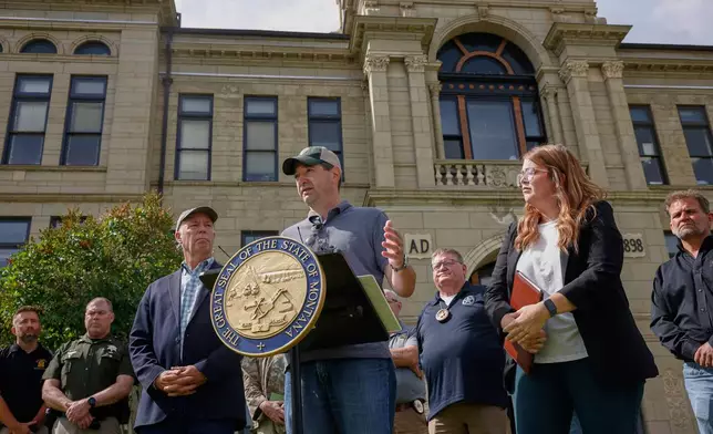 Montana Attorney General Austin Knudsen speaks during a news conference, Tuesday, Aug. 5, 2025 at the Anaconda-Deer Lodge County Courthouse regarding a shooting at the Owl Bar in Anaconda, Mont. last Friday. (Joseph Scheller/The Montana Standard via AP)