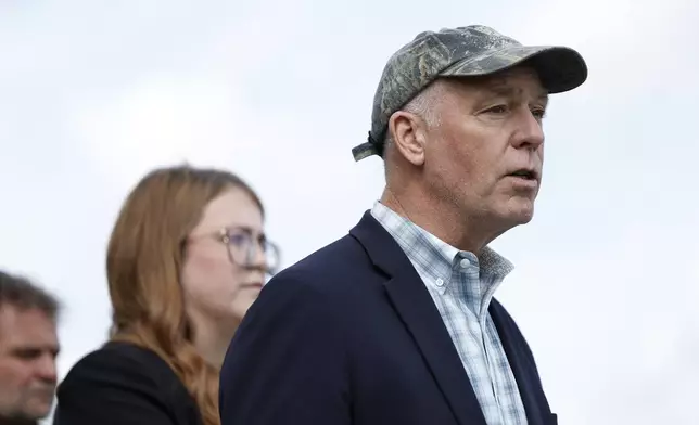 Montana Gov. Greg Gianforte addresses questions about a fatal shooting at a Montana bar during a news conference outside the Anaconda-Deer Lodge County Courthouse in Anaconda, Mont., Tuesday, Aug. 5, 2025. (Joseph Scheller/The Montana Standard via AP)