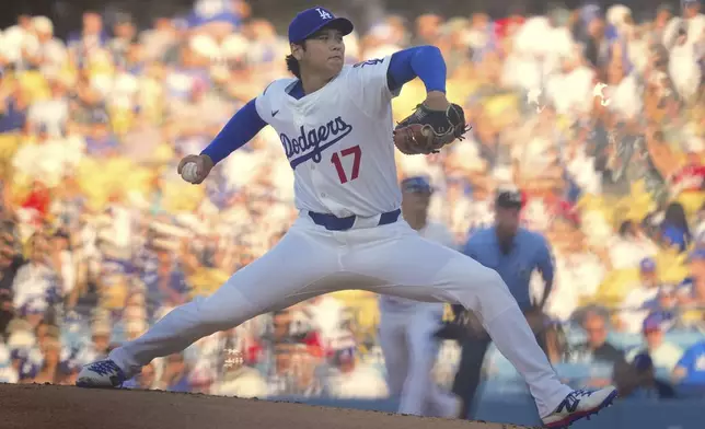 Los Angeles Dodgers designated hitter Shohei Ohtani throws to the plate during the first inning of a baseball game against the Cincinnati Reds, Wednesday, Aug. 27, 2025, in Los Angeles. (AP Photo/Mark J. Terrill)