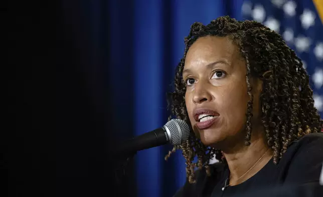 District of Columbia Mayor Muriel Bowser speaks at a news conference, Wednesday, Aug. 27, 2025 in Washington. (AP Photo/Jon Cherry)