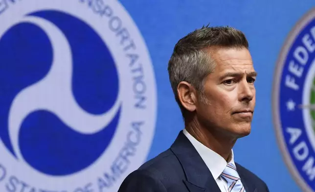 FILE - Transportation Secretary Sean Duffy looks during a news conference, Aug. 5, 2025, at the Department of Transportation in Washington. (AP Photo/Julia Demaree Nikhinson, File)