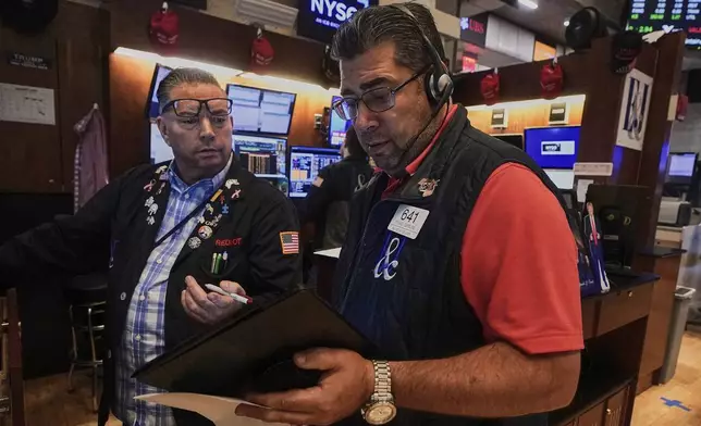 Traders Jonathan Mueller, left, and Michael Capolino work on the floor of the New York Stock Exchange, Friday, Aug. 15, 2025. (AP Photo/Richard Drew)