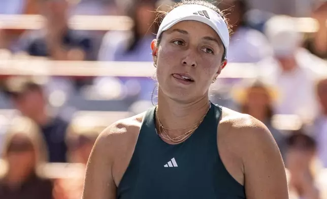 Jessica Pegula, of the United States, reacts during her match against Anastasija Sevastova, of Latvia, at the National Bank Open women’s tennis tournament, Friday, Aug. 1, 2025, in Montreal. (Christinne Muschi/The Canadian Press via AP)