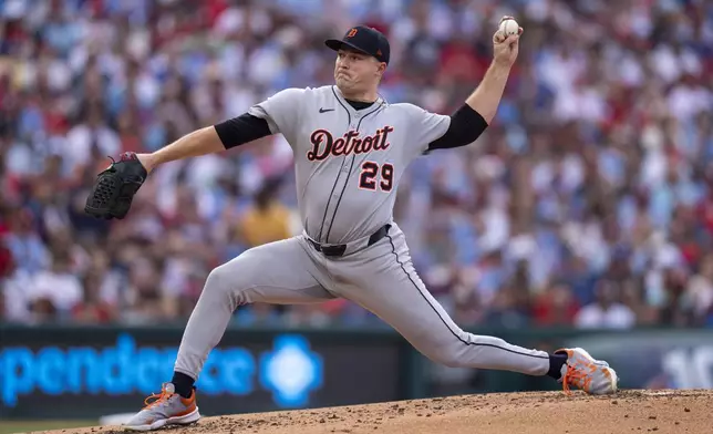 Detroit Tigers starting pitcher Tarik Skubal delivers during the second inning of a baseball game against the Philadelphia Phillies, Saturday, Aug. 2, 2025, in Philadelphia. (AP Photo/Chris Szagola)