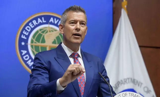FILE - Secretary of Transportation Sean Duffy speaks at a news conference in Washington, May 28, 2025. (AP Photo/Rod Lamkey, Jr., File)