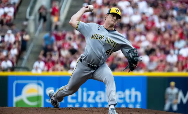 Milwaukee Brewers pitcher Quinn Priester delivers a pitch in the first inning of a baseball game against the Cincinnati Reds, Saturday, Aug. 16, 2025, in Cincinnati. (AP Photo/Michael Swensen)