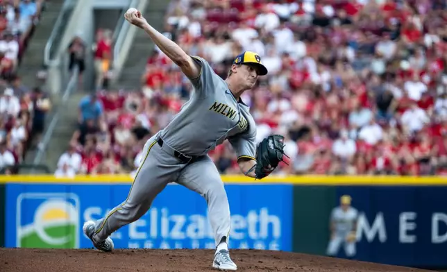 Milwaukee Brewers pitcher Quinn Priester delivers a pitch in the first inning of a baseball game against the Cincinnati Reds, Saturday, Aug. 16, 2025, in Cincinnati. (AP Photo/Michael Swensen)