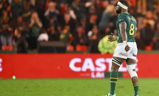 South Africa's captain Siya Kolisi follows the follow during a rugby championship test match between South Africa and Australia, at Ellis Park stadium in Johannesburg, South Africa, Saturday, Aug. 16, 2025. (AP Photo/Frans Lombard)