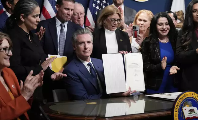 California Gov. Gavin Newsom signs legislation calling for a special election on a redrawn congressional map on Thursday, Aug. 21, 2025, in Sacramento, Calif. (AP Photo/Godofredo A. Vásquez)