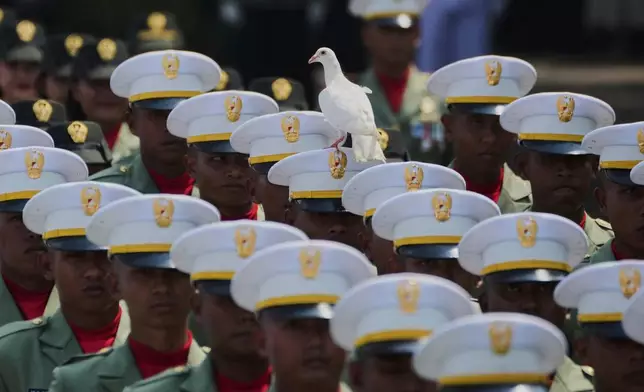 A dove perches on the hat of an Indonesian Army soldier during a flag raising ceremony marking the 80th anniversary of the country's independence at Merdeka Palace in Jakarta, Indonesia, Sunday, Aug. 17, 2025. (AP Photo/Achmad Ibrahim)