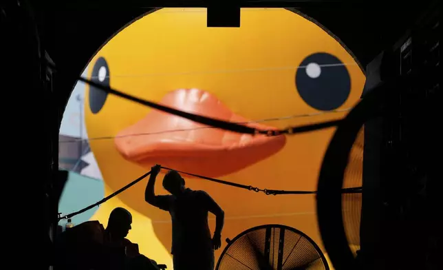 People work in a horse barn as a giant rubber duck looms in the distance at the Missouri State Fair, Thursday, Aug. 14, 2025, in Sedalia, Mo. (AP Photo/Charlie Riedel)