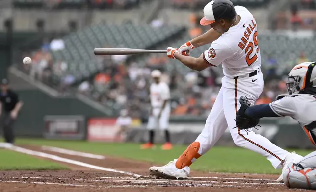 Baltimore Orioles' Samuel Basallo singles during the first inning of a baseball game against the Houston Astros, Sunday, Aug. 24, 2025, in Baltimore. (AP Photo/Nick Wass)