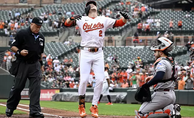 Baltimore Orioles' Gunnar Henderson (2) celebrates his home run in front of Houston Astros catcher Yainer Diaz, right, during the first inning of a baseball game, Sunday, Aug. 24, 2025, in Baltimore. (AP Photo/Nick Wass)