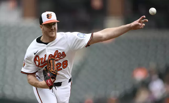 Baltimore Orioles starting pitcher Trevor Rogers throws during the first inning of a baseball game against the Houston Astros, Sunday, Aug. 24, 2025, in Baltimore. (AP Photo/Nick Wass)