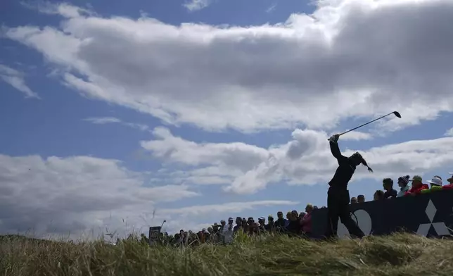Lydia Ko of New Zealand tees off on 18th hole during the second round of the Women's British Open golf championship, at Royal Porthcawl Golf Club in Porthcawl, Wales, Friday, Aug. 1, 2025. (AP Photo/Kin Cheung)
