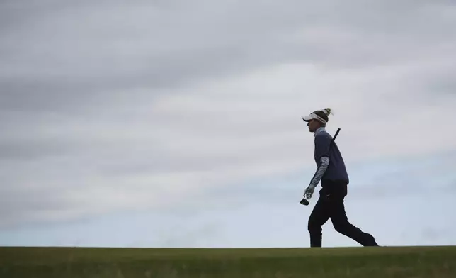 Nelly Korda of the U.S competes during the second round of the Women's British Open golf championship, at Royal Porthcawl Golf Club in Porthcawl, Wales, Friday, Aug. 1, 2025. (AP Photo/Kin Cheung)