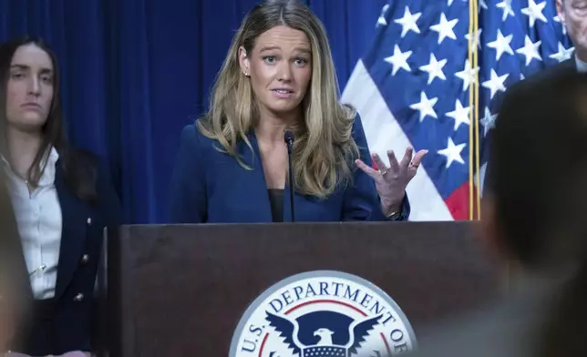 FILE - DHS Assistant Secretary for Public Affairs Tricia McLaughlin speaks during a news conference at ICE Headquarters, in Washington, Wednesday, May 21, 2025. (AP Photo/Jose Luis Magana, File)