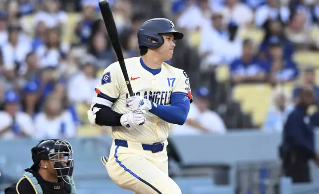 Los Angeles Dodgers Shohei Ohtani grounds out against the Arizona Diamondbacks in the first inning of a baseball game Saturday, Aug. 30, 2025, in Los Angeles. (AP Photo/Wally Skalij)