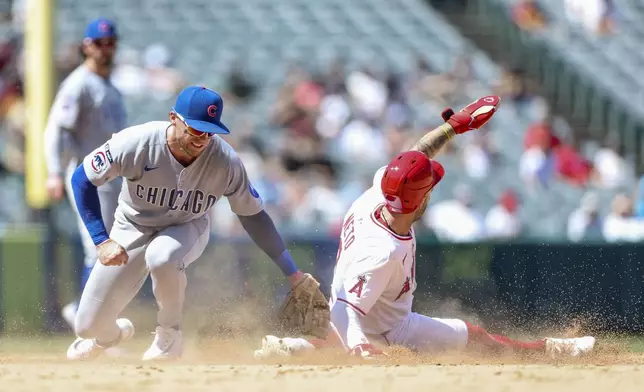 Los Angeles Angels' Zach Neto, right, steals second base as Chicago Cubs second baseman Nico Hoerner, left, tries to tag him during the sixth inning of a baseball game Sunday, Aug. 24, 2025, in Anaheim, Calif. (AP Photo/Eric Thayer)
