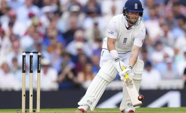 England's Ben Duckett plays a shot during the second day of the fifth cricket test match between England and India at The Kia Oval in London, Friday, Aug. 1, 2025. (AP Photo/Kirsty Wigglesworth)