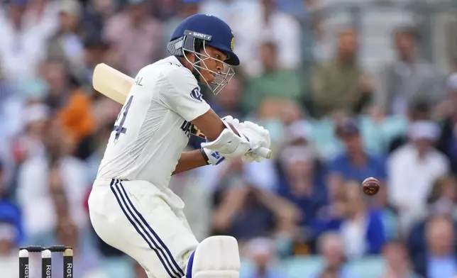 India's Yashasvi Jaiswal plays a shot during the second day of the fifth cricket test match between England and India at The Kia Oval in London, Friday, Aug. 1, 2025. (AP Photo/Kirsty Wigglesworth)
