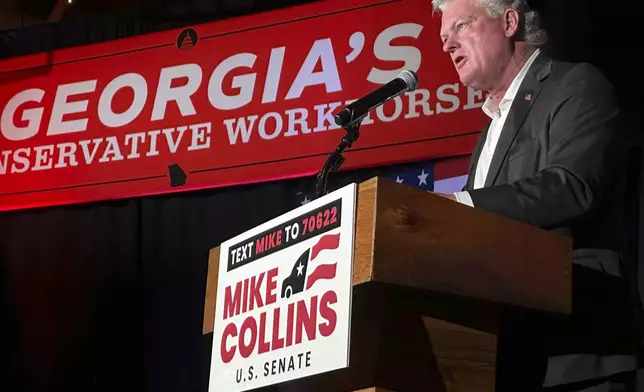 U.S. Rep. Mike Collins speaks at a Senate campaign event on Tuesday, Aug. 19, 2025, in Jackson, Ga. (AP Photo/Jeff Amy)
