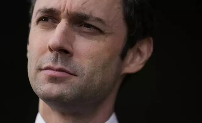 FILE - Sen. Jon Ossoff, D-Ga., speaks during an interview at Dobbins Air Reserve Base in Marietta, Ga., April 26, 2025. (AP Photo/Brynn Anderson, File)