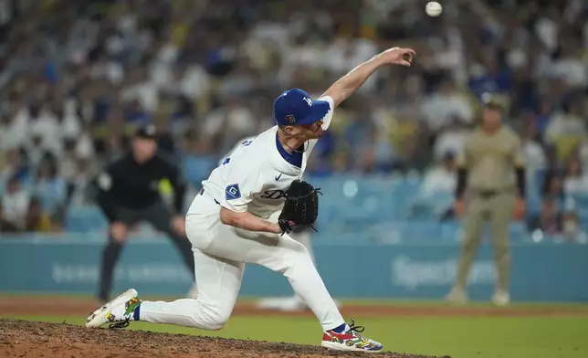 Los Angeles Dodgers relief pitcher Jack Dreyer throws to the plate during the ninth inning of a baseball game against the San Diego Padres, Friday, Aug. 15, 2025, in Los Angeles. (AP Photo/Mark J. Terrill)