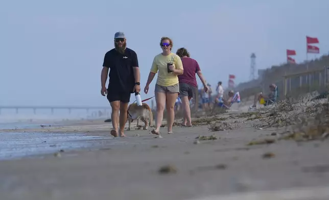 People walk along the beach as waves as red flags, indicating swimming is prohibited, are raised at the beach in Duck, N.C., Tuesday, Aug. 19, 2025, as precautions are taken ahead of Hurricane Erin. (AP Photo/Pablo Martinez Monsivais)