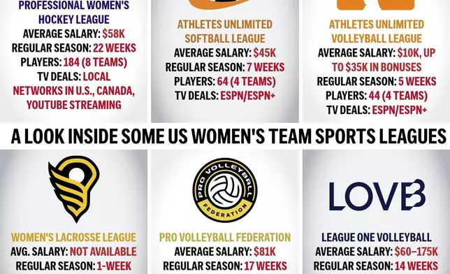 Graphic looks at some of the women's pro team sports leagues by the numbers.