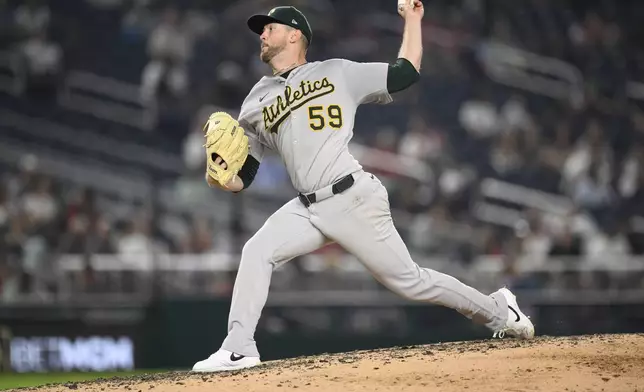Athletics pitcher Jeffrey Springs throws during the sixth inning of a baseball game against the Washington Nationals, Wednesday, Aug. 6, 2025, in Washington. (AP Photo/Nick Wass)