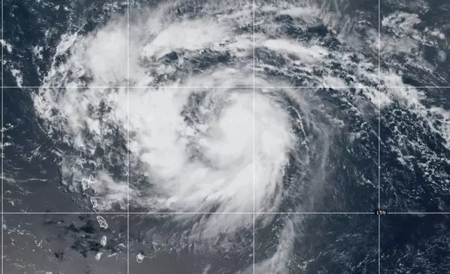 This satellite image provided by NOAA shows Hurricane Erin on Friday, Aug. 15, 2025. (NOAA via AP)