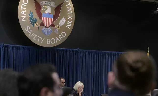 National Transportation Safety Board Chairwoman Jennifer Homendy presides over the NTSB fact-finding hearing on the DCA midair collision accident, at the National Transportation and Safety Board boardroom, Wednesday, July 30, 2025, in Washington. (AP Photo/Rod Lamkey, Jr.)